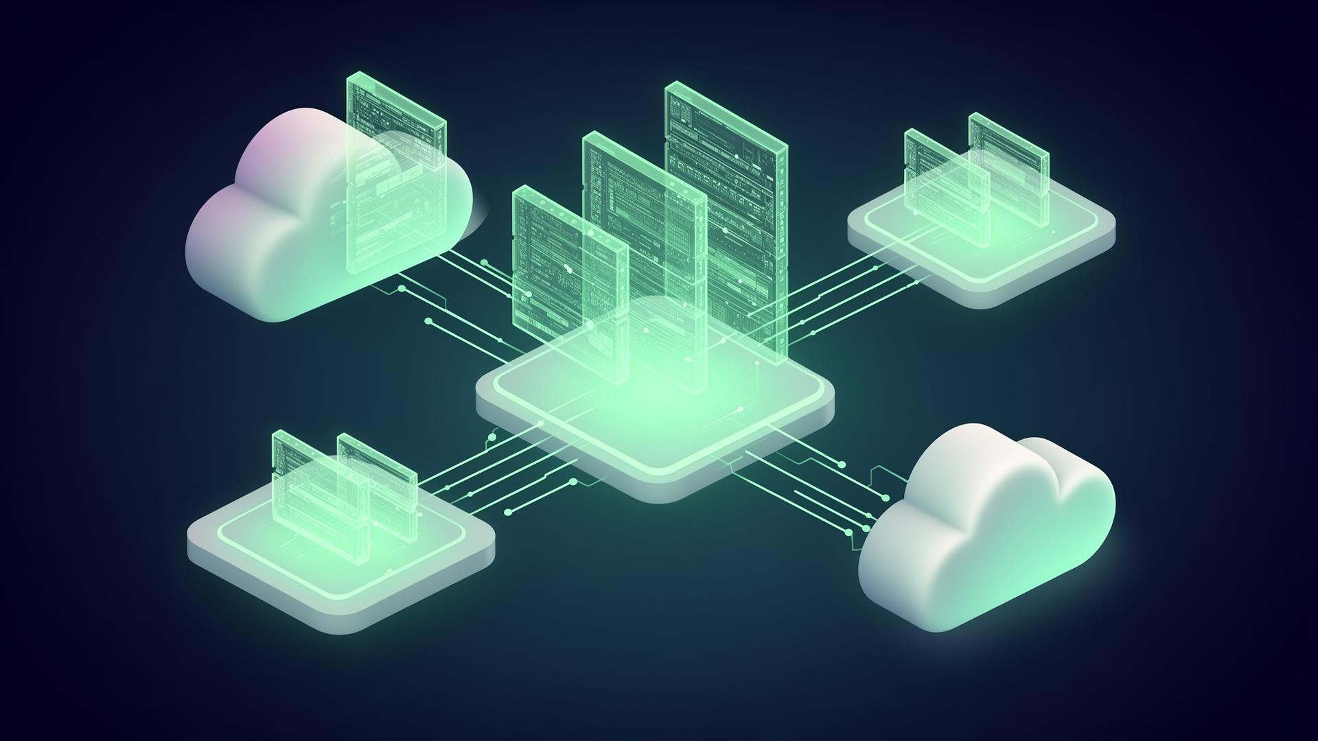 Isometric cloud infrastructure diagram showing managed AWS and Azure workloads connected by secure data flows